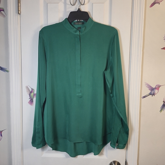 Ralph Lauren Tops - Lauren Ralph Lauren Emerald Green Satin Blouse Band Collar Half Zip Officecore L
